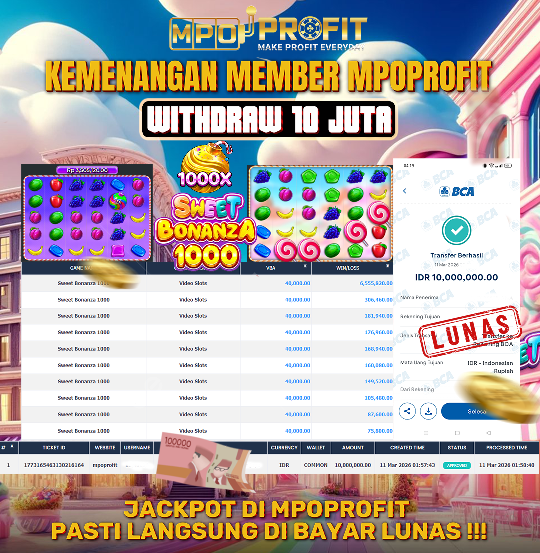 MPOPROFIT JACKPOT SLOT PRAGMATIC PLAY! KEMENANGAN MURNI DI (SWEET BONANZA 1000 TOTAL RP. 10.000.000,- LUNAS)